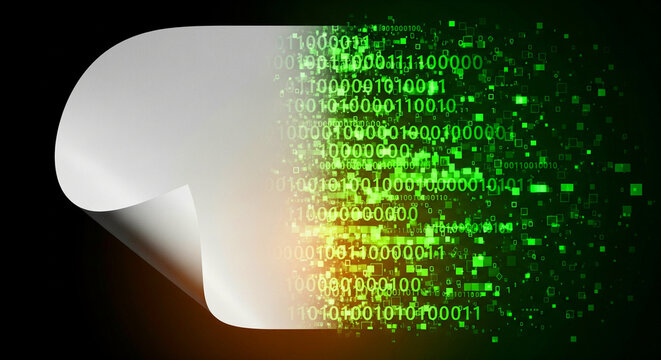A sheet of paper with half turning into glowing binary code or pixels, symbolizing the bridge between traditional creativity and digital transformation.