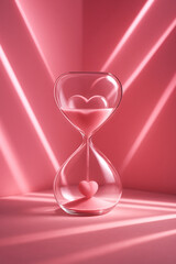 Translucent Hourglass with Heart-Shaped Sand and Pink Light Beams. Time for love concept