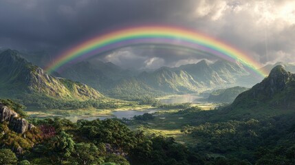 Obraz premium Majestic Double Rainbow Arches Over Lush, Misty Mountain Valley After Storm.