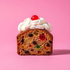 Close Up Slice of Fruitcake with Whipped Cream.
