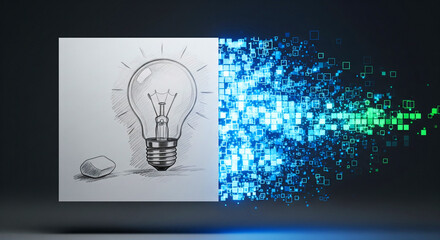 A sheet of paper with half turning into glowing binary code or pixels, symbolizing the bridge between traditional creativity and digital transformation.
