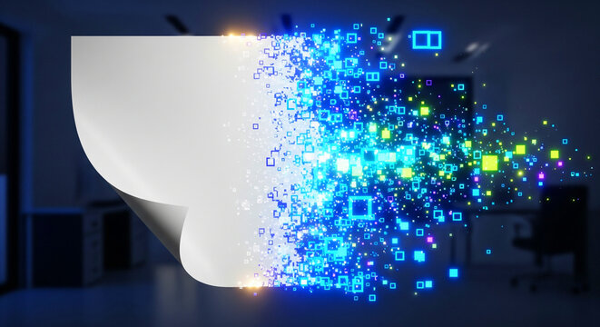 A sheet of paper with half turning into glowing binary code or pixels, symbolizing the bridge between traditional creativity and digital transformation.