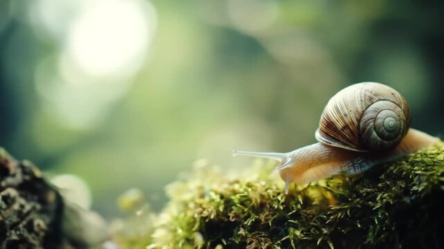 Snail on mossy surface in natural environment