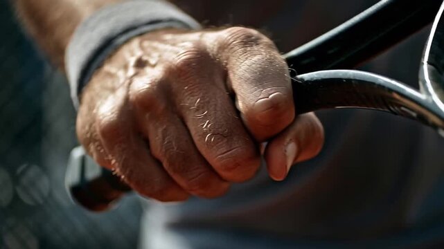 Closeup hand grip tennis racket sports psychology training focus athletic outdoor competition determination sweat action motivation