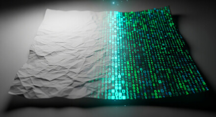 A sheet of paper with half turning into glowing binary code or pixels, symbolizing the bridge between traditional creativity and digital transformation.