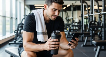 Naklejka premium Fit man resting in gym checking smartphone and holding protein shaker
