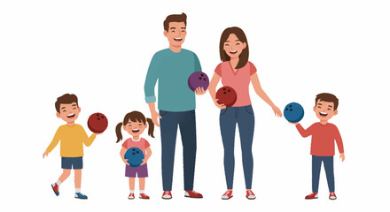 A happy family of five, parents and three children, smiling while holding colorful bowling balls.