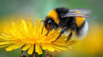 A bee on a yellow flower with a green background