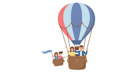 A family enjoys a scenic hot air balloon ride, with two children waving from a smaller basket attached to the main one.