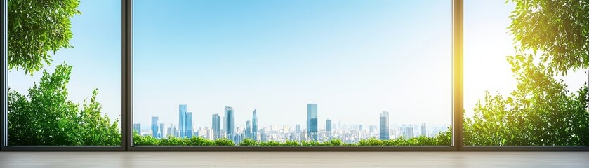 Fototapeta premium Serene Cityscape View Through Large Windows Framed by Lush Green Trees and Bright Blue Sky during Daytime