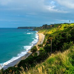 Coastal scenery with cliffs, beach, and waves