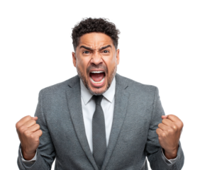 Angry businessman expressing frustration in office environment isolated on transparent background