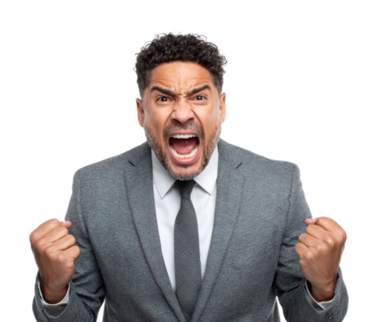 Angry businessman expressing frustration in office environment isolated on transparent background