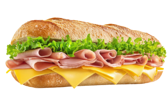 Delicious ham and cheese submarine sandwich with lettuce on transparent background