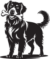 Black Silhouette of Cute Dog Holding Bone Vector Illustration.