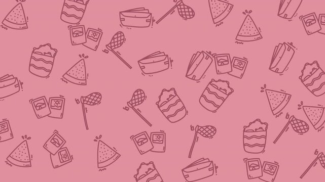 Seamless pattern of cake hats and gift drawings on pink. Suitable for birthday party decorations, wrapping paper, textiles, and stationery.