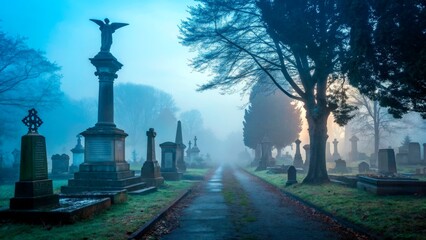 Naklejka premium Misty morning at a quiet cemetery with tall monuments and trees