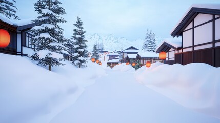 Serene Winter Village Scene with Lanterns Amidst Snow-Covered Trees and Mountains Under a Soft Blue Sky