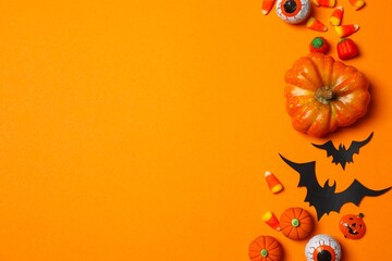 The photo of festive Halloween decorations. Happy holiday concept. Space for text