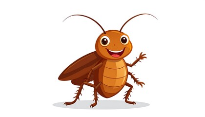 Cartoon cockroach with a cheerful smile, brown body, delicate legs and antennae, waving its leg in greeting