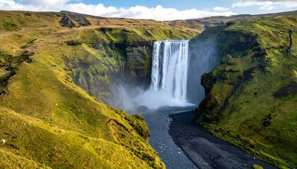 Sk?gafoss Waterfall - Majestic Cascade in Icelands Scenic Landscape.
