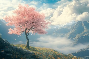 A solitary, blossoming cherry tree stands sentinel atop a mountain peak, bathed in soft sunlight, as wispy clouds drift across the valley below.