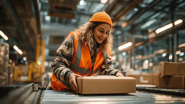 A dedicated female worker diligently handles a parcel in a bustling warehouse environment, embodying efficiency and precision in a dynamic industry.