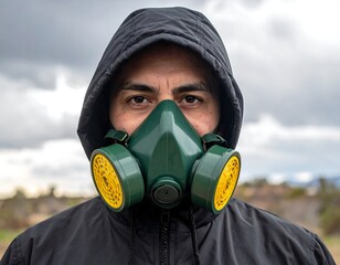 Person wearing a dark jacket and a dark green respirator