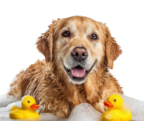 Playful golden retriever with rubber ducks in bubbles fun isolated on transparent background