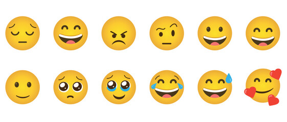 Most used emoji icon vector set, yellow colour emojis. set of yellow emoji. Emoticons mood icon set. Isolated vector illustration on white background.