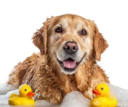 Playful golden retriever with rubber ducks in bubbles fun isolated on transparent background
