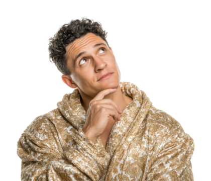 Pensive man in luxurious robe contemplating ideas isolated on transparent background