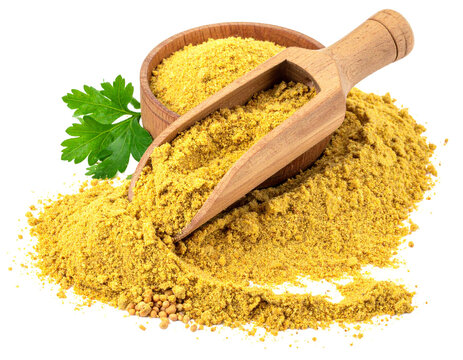 Ground Mustard Spice in Wooden Bowl with Scoop