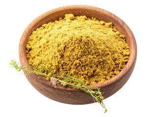 Ground Mustard Spice in Wooden Bowl