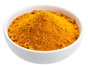 Ground Turmeric Powder in White Bowl Isolated on White Background