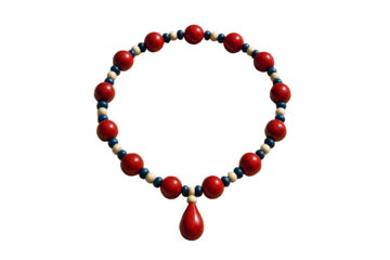 Colorful wooden beaded necklace with red, blue, and beige beads, teardrop pendant, isolated on clean white background, concept of culture. Ai generative