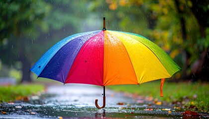 Rainbow umbrella on a wet path surrounded by trees, during rainfall, creating a vibrant scene