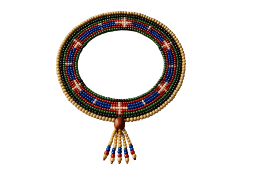 Circular tribal bead necklace with colorful layout, isolated on white background, representing cultural concept and traditional design. Ai generative