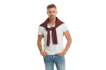 Fototapeta premium Stylish male. Men casual style. Portrait of handsome guy in menswear. Stylish menswear fashion. Caucasian mature man. Man in tshirt isolated on white. Handsome mature man with grey hair