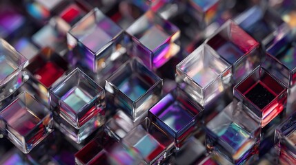 Abstract geometric arrangement of transparent iridescent cubes creating a pattern