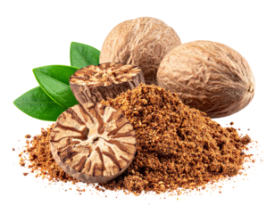 Ground Nutmeg Powder with Whole Nuts and Leaves