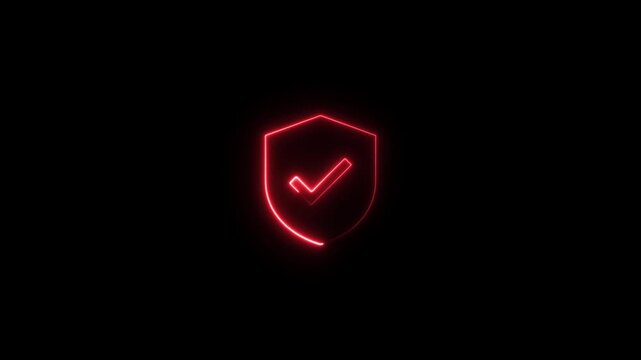 Glowing neon shield with checkmark icon on black background, symbolizing security, protection, and verification in a modern and eye catching design element