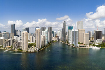 Aerial view of Brickell skyscrapers. Modern cityscape of downtown Miami. Panoramic Miami skyline...