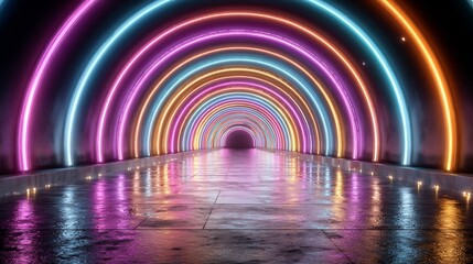 Abstract glowing neon light tunnel with circular shapes and colorful reflections creates a