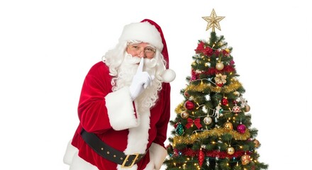 Santa Claus Making Shush Gesture Next to Decorated Christmas Tree