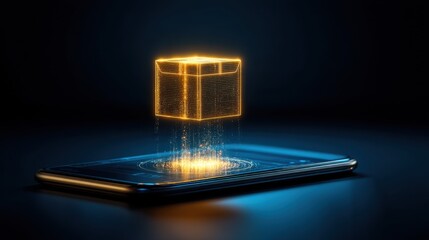 Digital hologram of a glowing cube appearing above a smartphone with a futuristic interface representing technology and innovation in a dark environment