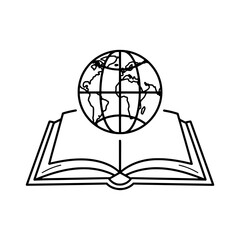 Icon of an open book with a globe featuring continents above, symbolizing education and exploration