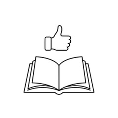 Icon of an open book with a thumbs-up gesture, symbolizing approval and success