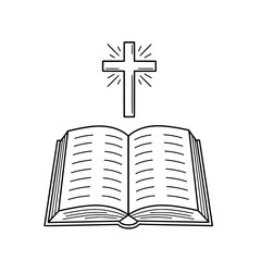 Icon of an open book with a Catholic cross above, symbolizing faith and spirituality