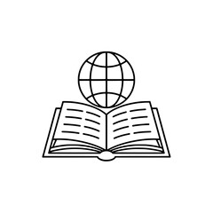 Icon of an open book with a globe above, symbolizing knowledge and global awareness